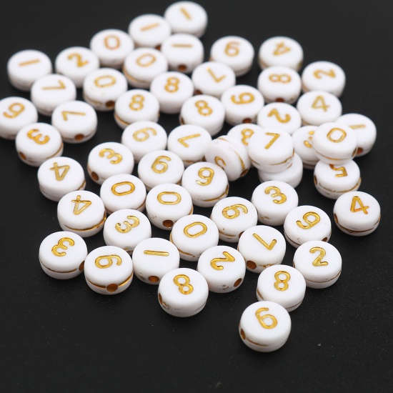 Picture of Acrylic Beads Flat Round White & Golden Number Pattern About 7mm Dia., Hole: Approx 1.5mm, 500 PCs