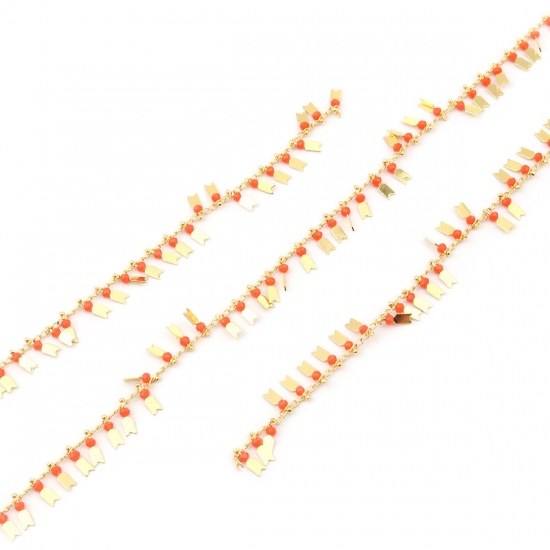 Picture of 304 Stainless Steel & Glass Link Curb Chain Arrowhead Gold Plated Orange-red 10x3mm, 1 M
