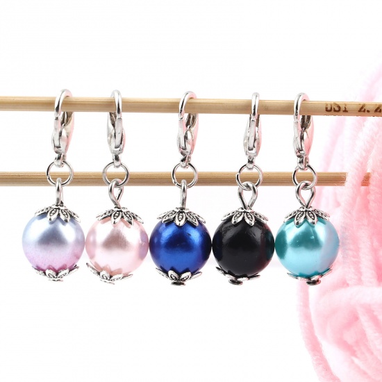 Picture of Acrylic & Zinc Based Alloy Knitting Stitch Markers Round Antique Silver Color At Random Color Mixed Imitation Pearl 27mm x 10mm, 12 PCs