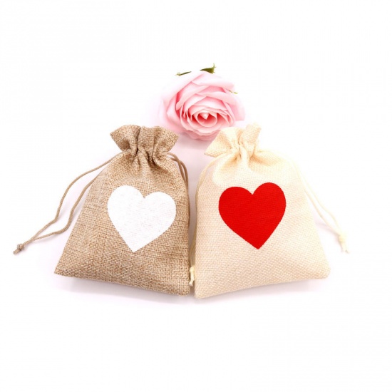 Picture of Jute Drawstring Bags Rectangle Beige & Red Heart 14cm x 10cm, 5 PCs