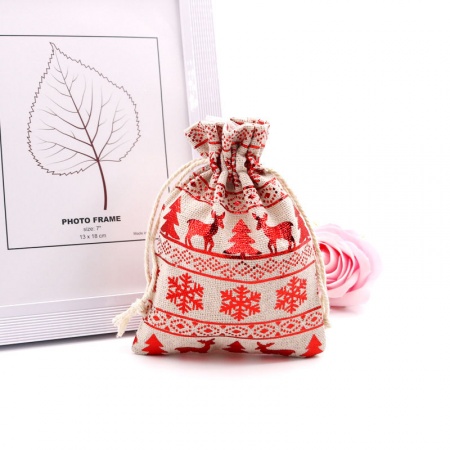 Bild von Baumwolle & Linnen Kordelzug Beutel Weihnachten Schneeflocke Beige & Rot Rechteck 14cm x 10cm, 10 Stück