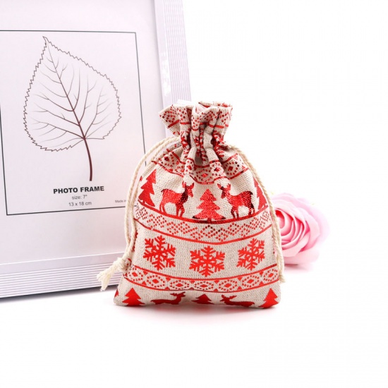 Immagine di Cotone & Lino Borsa con la Corda Natale Fiocco di Neve Beige & Rosso Rettangolo 14cm x 10cm, 10 Pz