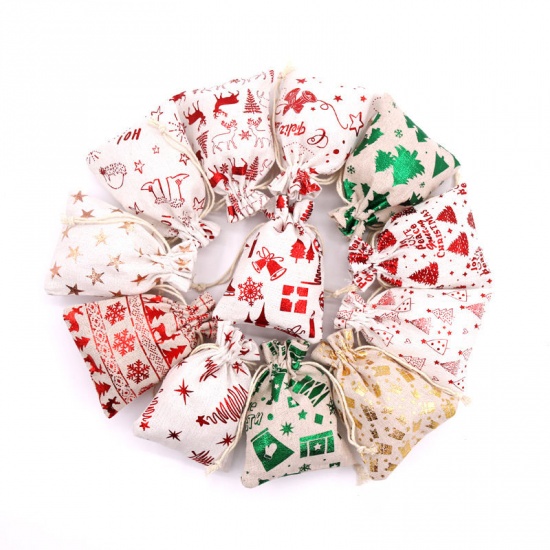 コットン＆リネン クリスマス 巾着袋 長方形 オフホワイト スター 14cm x 10cm、 10 個 の画像