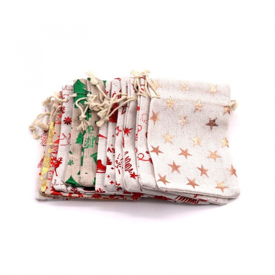 コットン＆リネン 巾着袋 長方形 ベージュ色+赤 クリスマスツリー 14cm x 10cm、 10 個 の画像
