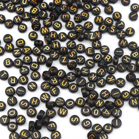 Изображение Acrylic Beads Flat Round Black & Gold At Random Pattern About 7mm Dia., Hole: Approx 1.5mm, 500 PCs