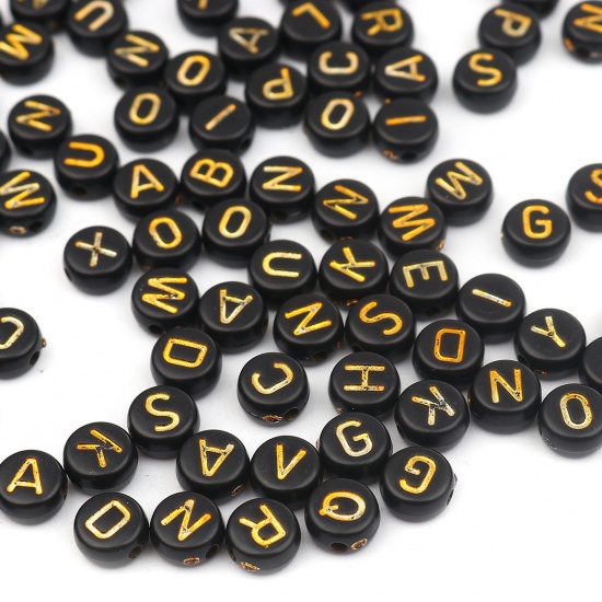 Picture of Acrylic Beads Flat Round Black & Gold At Random Pattern About 7mm Dia., Hole: Approx 1.5mm, 500 PCs