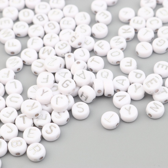 Picture of Acrylic Beads Flat Round White At Random Pattern About 7mm Dia., Hole: Approx 1.5mm, 500 PCs