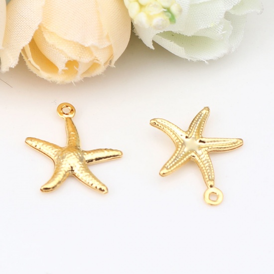 Picture of 10 PCs 304 Stainless Steel Ocean Jewelry Charms Gold Plated Star Fish 18mm x 15mm