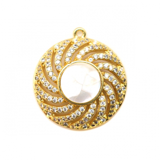 Picture of 1 Piece Natural Shell & Brass Charms Gold Plated White Round Spiral Clear Cubic Zirconia 22mm x 20mm