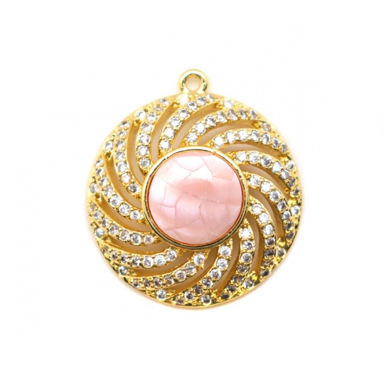 Picture of 1 Piece Natural Shell & Brass Charms Gold Plated Pink Round Spiral Clear Cubic Zirconia 22mm x 20mm