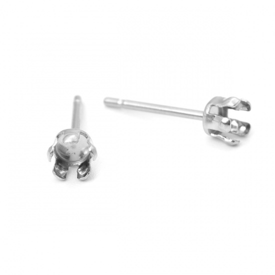 Picture of 304 Stainless Steel Ear Post Stud Earrings Round Silver Tone Cabochon Settings (Fits 3mm Dia.) 4mm Dia., Post/ Wire Size: (21 gauge), 20 PCs