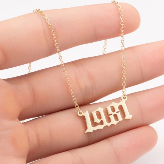 Picture of Stainless Steel Year Necklace Gold Plated Number Message " 1981 " 45cm(17 6/8") long, 1 Piece