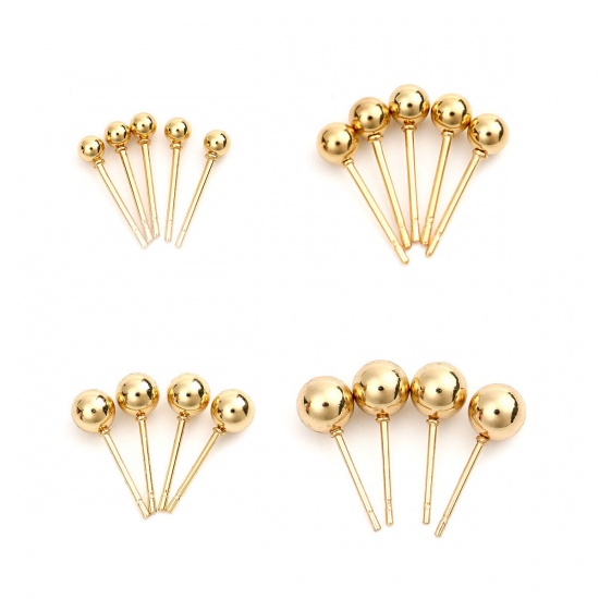 Picture of 304 Stainless Steel Ear Post Stud Earrings Round Gold Plated W/ Stoppers 5mm Dia., Post/ Wire Size: (20 gauge), 10 PCs