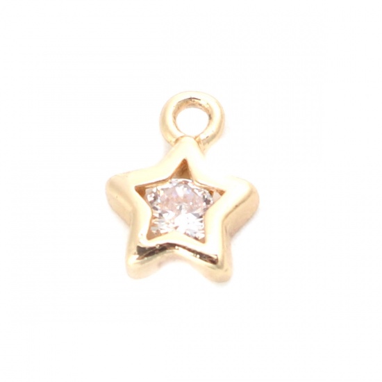 Picture of 100 PCs Brass Galaxy Charms 18K Real Gold Plated Star Clear Cubic Zirconia 8mm x 6mm