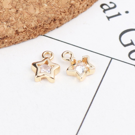 Picture of 100 PCs Brass Galaxy Charms 18K Real Gold Plated Star Clear Cubic Zirconia 8mm x 6mm