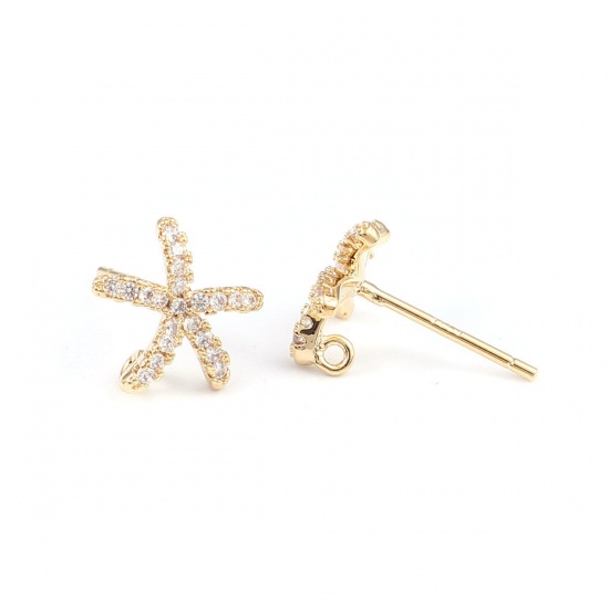 Picture of Brass Ocean Jewelry Ear Post Stud Earrings 18K Real Gold Plated Star Fish W/ Loop Clear Rhinestone 10mm x 10mm, Post/ Wire Size: (21 gauge), 30 PCs