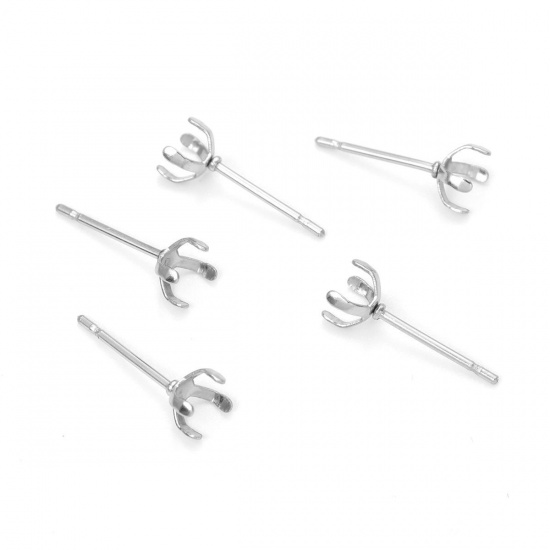 Picture of 304 Stainless Steel Ear Post Stud Earrings Round Silver Tone Cabochon Settings (Fits 5mm Dia.) 6mm Dia., Post/ Wire Size: (21 gauge), 100 PCs