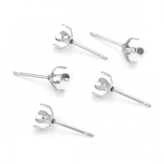Picture of 304 Stainless Steel Ear Post Stud Earrings Round Silver Tone Cabochon Settings (Fits 6mm Dia.) 7mm Dia., Post/ Wire Size: (21 gauge), 100 PCs