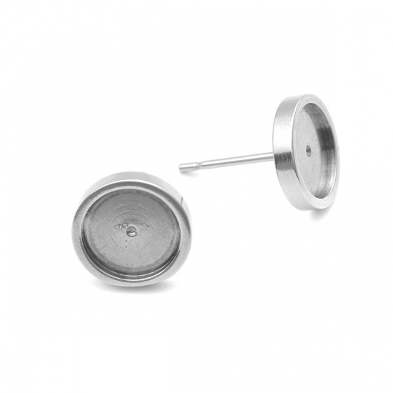 Picture of 304 Stainless Steel Ear Post Stud Earrings Round Silver Tone Cabochon Settings (Fits 8mm Dia.) 10mm Dia., Post/ Wire Size: (21 gauge), 100 PCs