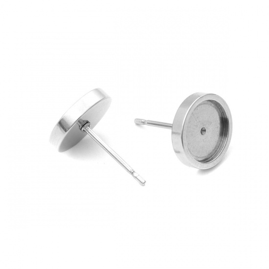 Picture of 304 Stainless Steel Ear Post Stud Earrings Round Silver Tone Cabochon Settings (Fits 8mm Dia.) 10mm Dia., Post/ Wire Size: (21 gauge), 100 PCs
