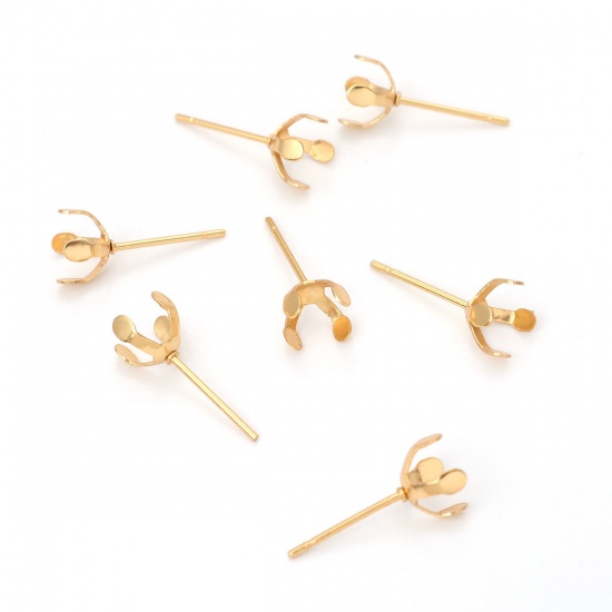 Picture of 304 Stainless Steel Ear Post Stud Earrings Round Gold Plated Cabochon Settings (Fits 6mm Dia.) 7mm Dia., Post/ Wire Size: (21 gauge), 100 PCs