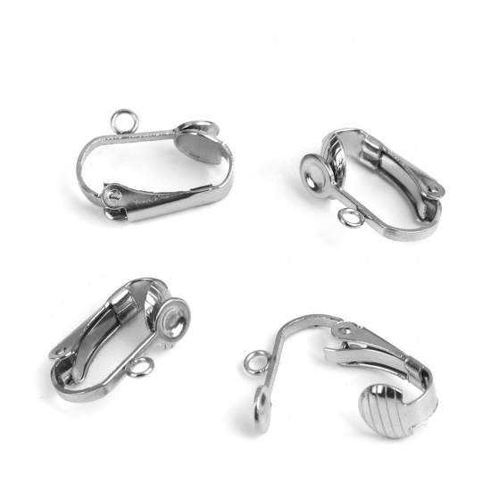 Picture of Stainless Steel Ear Clips Earrings Silver Tone W/ Loop 16mm x 12mm, 200 PCs
