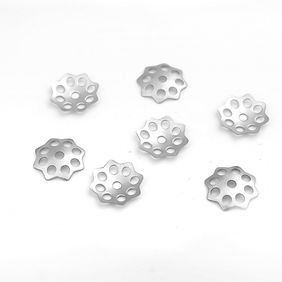 Picture of 304 Stainless Steel Beads Caps Flower Silver Tone (Fits 14mm Beads) 11mm x 11mm, 100 PCs