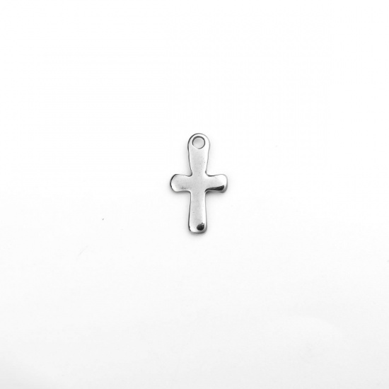 Picture of 304 Stainless Steel Religious Charms Cross Silver Tone 12mm x 7mm, 100 PCs