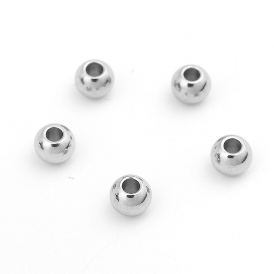 Picture of 304 Stainless Steel Beads Round Silver Tone About 4mm Dia., Hole: Approx 1.5mm, 100 PCs