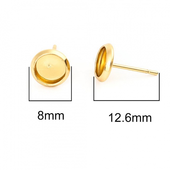 Picture of 304 Stainless Steel Ear Post Stud Earrings Round Gold Plated Cabochon Settings (Fits 6mm Dia.) 8mm Dia., Post/ Wire Size: (20 gauge), 100 PCs