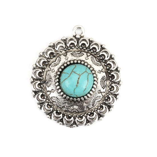 Picture of Zinc Based Alloy & Acrylic Boho Chic Bohemia Pendants Round Antique Silver Color Green Blue Carved Pattern Imitation Turquoise 34mm x 30mm, 140 PCs