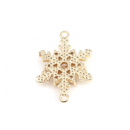 Picture of Brass Connectors Christmas Snowflake 18K Real Gold Plated Micro Pave Clear Rhinestone 17mm x 12mm, 50 PCs