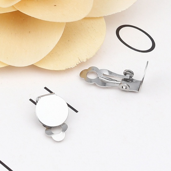 Picture of 304 Stainless Steel Non Piercing Clip-on Earrings Round Silver Tone Glue On (Fits 10mm Dia.) 18mm x 10mm, 100 PCs