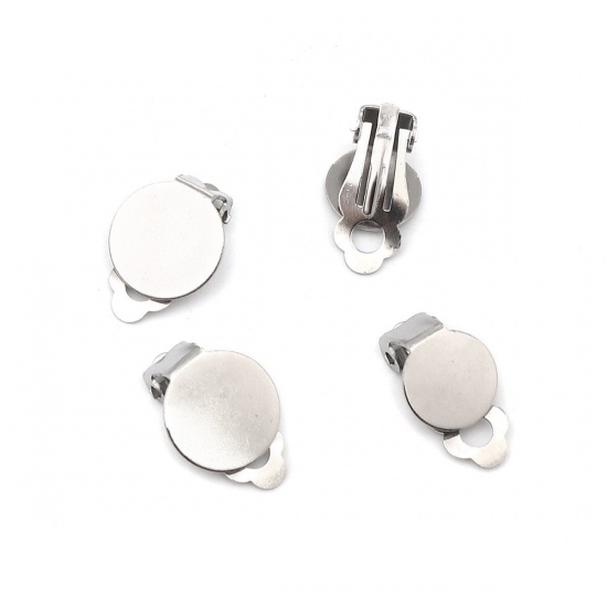 Picture of 304 Stainless Steel Non Piercing Clip-on Earrings Round Silver Tone Glue On (Fits 10mm Dia.) 18mm x 10mm, 100 PCs