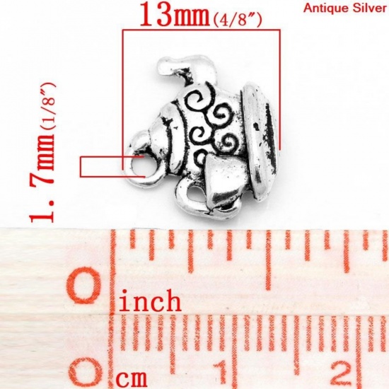 Picture of Zinc Metal Alloy Charm Pendants Teapot Antique Silver Color 14mm( 4/8") x 13mm( 4/8"), 50 PCs