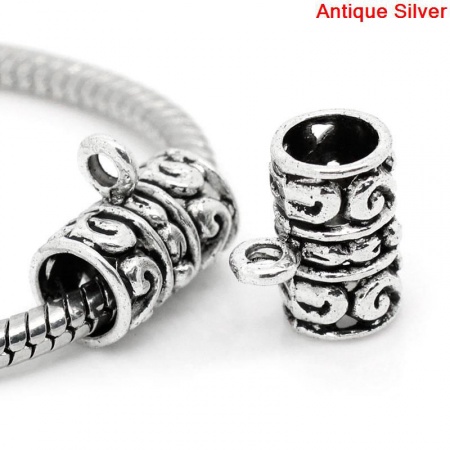 European Charm Bail Beads Column/Cylinder Antique Silver Color Flower Pattern Carved Fit European Bracelet 13x12mm,Hole:Approx 2.3mm 6mm,50PCs