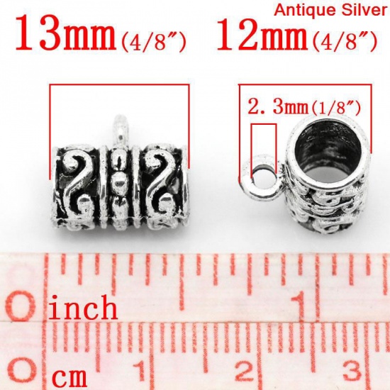 Immagine di Lega di Zinco Stile Europeo Manico Perline Cilindrico Argento Antico Modello Disegno Adatto Braccialetto Europeo 6mm 2.3mm 13mm x 12mm, 50 Pz