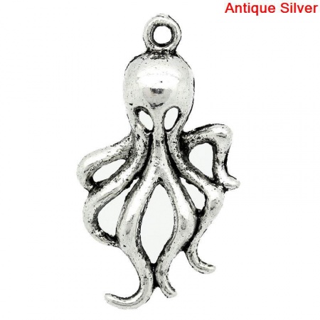 Ocean Jewelry Zinc Based Alloy Pendants Octopus Animal Antique Silver Color Hallow 32mm(1 2/8") x 17mm( 5/8"), 50 PCs