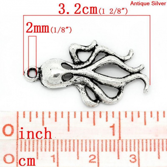 Picture of Ocean Jewelry Zinc Based Alloy Pendants Octopus Animal Antique Silver Color Hallow 32mm(1 2/8") x 17mm( 5/8"), 50 PCs