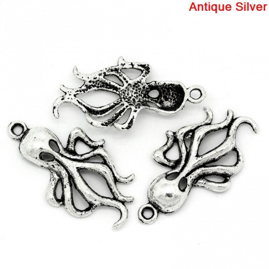 Picture of Ocean Jewelry Zinc Based Alloy Pendants Octopus Animal Antique Silver Color Hallow 32mm(1 2/8") x 17mm( 5/8"), 50 PCs