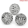Picture of Brass Filigree Spacer Beads Round Antique Silver Color Flower Carved About 17mm( 5/8") Dia, Hole:Approx 3.5mm, 5 PCs                                                                                                                                          