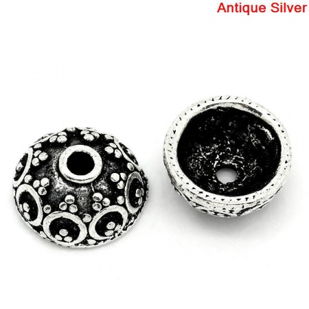 Zinc Based Alloy Beads Caps Flower Antique Silver Color Carved Pattern (Fit Beads Size: 20mm Dia.) 10mm Dia, 100 PCs