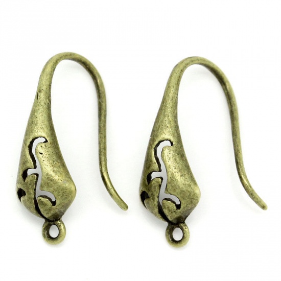 Picture of Brass Ear Wire Hooks Earring Findings Antique Bronze W/ Loop 18mm( 6/8") x 10mm( 3/8"), Post/ Wire Size: (21 gauge), 10 PCs                                                                                                                                   