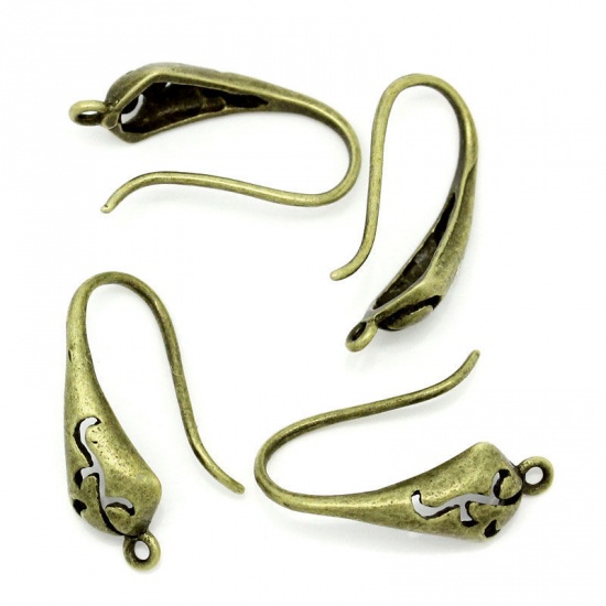 Picture of Brass Ear Wire Hooks Earring Findings Antique Bronze W/ Loop 18mm( 6/8") x 10mm( 3/8"), Post/ Wire Size: (21 gauge), 10 PCs                                                                                                                                   