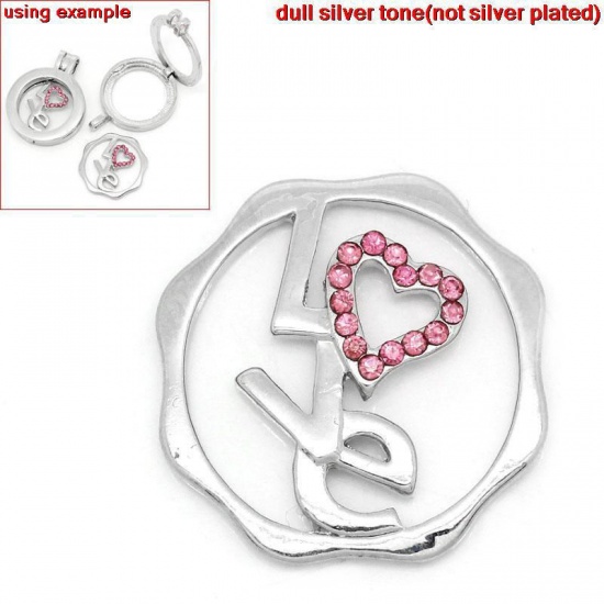 Picture of Back Plate Findings Fit Locket Pendants Round Silver Tone "Love" Message Pink Rhinestone Hollow 24mm x 23mm(1"x 7/8"),5PCs