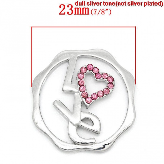 Picture of Back Plate Findings Fit Locket Pendants Round Silver Tone "Love" Message Pink Rhinestone Hollow 24mm x 23mm(1"x 7/8"),5PCs