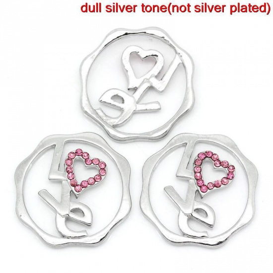 Picture of Back Plate Findings Fit Locket Pendants Round Silver Tone "Love" Message Pink Rhinestone Hollow 24mm x 23mm(1"x 7/8"),5PCs