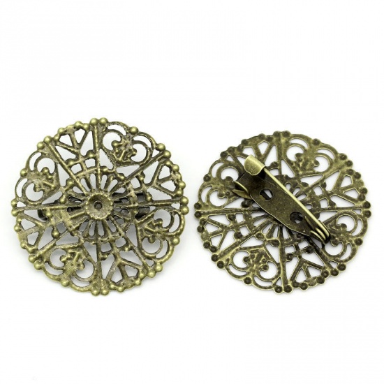 Picture of Brass Filigree Stamping Pin Brooches Findings Round Antique Bronze Flower Hollow Carved 3.2cm x 3.1cm(1 2/8"x1 2/8"), 20 PCs                                                                                                                                  