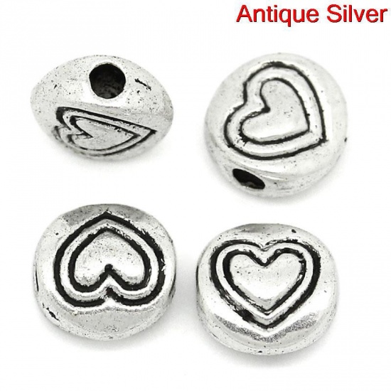 Image de Perles en Alliage de Zinc Forme Rond Argent Antique Coeur Diamètre: 6mm, Tailles de Trous: 1.2mm, 300 Pièces