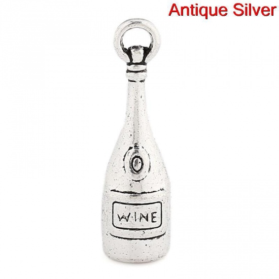 Immagine di Lega di Zinco Charm Ciondoli Bottiglia Argento Antico Lettere Scolpito " wine " 27.5mm x 8mm , 250 Pz